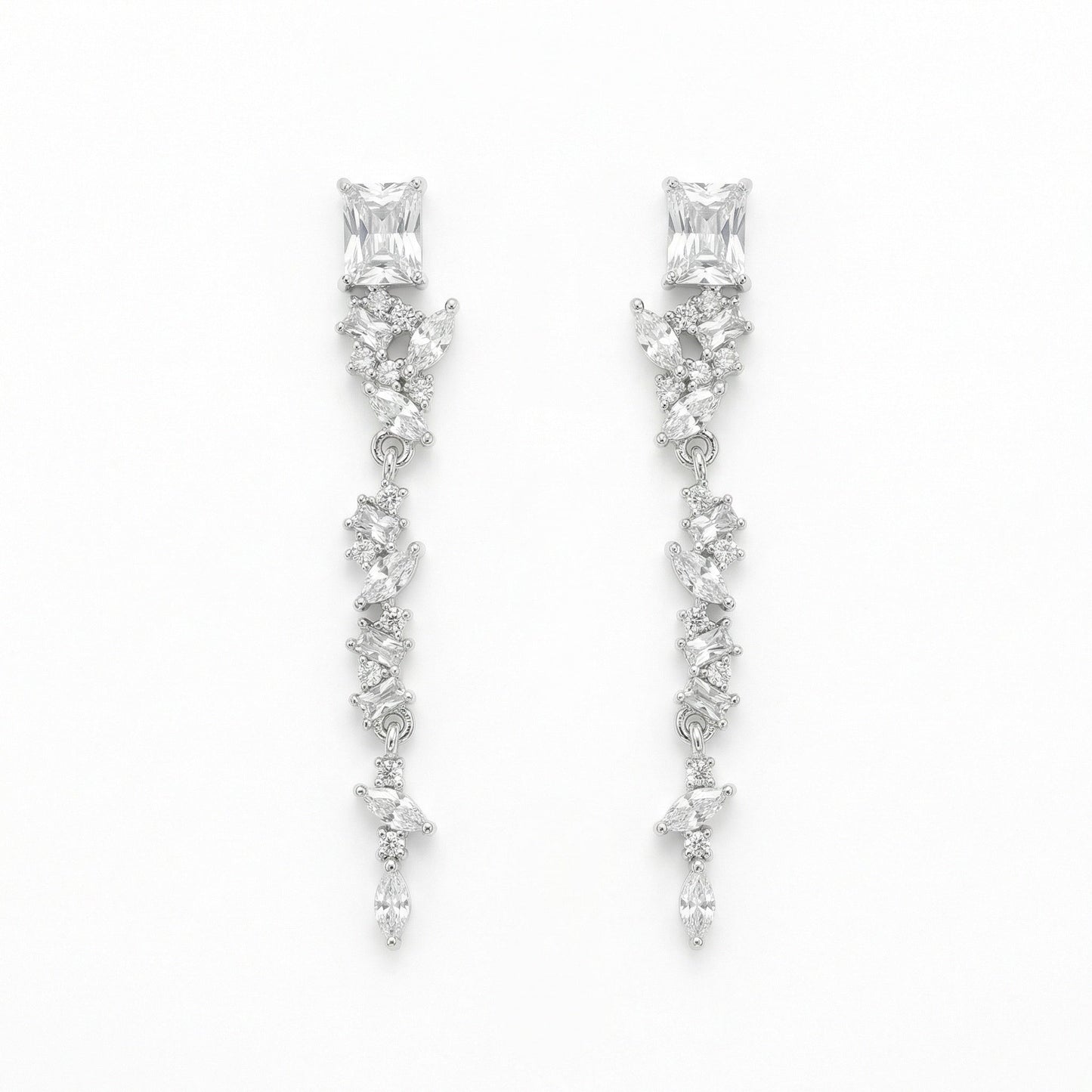 925 Sterling Silver Elegant Silver Crystal Dangle Earrings with Marquise and Radiant Cut Stones for Bridal Wear