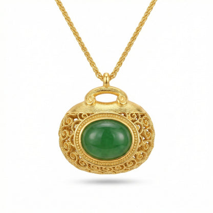925 Sterling Silver Elegant Filigree Green Jadeite Pendant Necklace with Intricate Textured Metallic Detail
