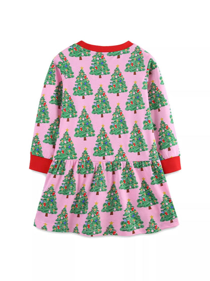 Children's Christmas Tree Print Long Sleeve Dress