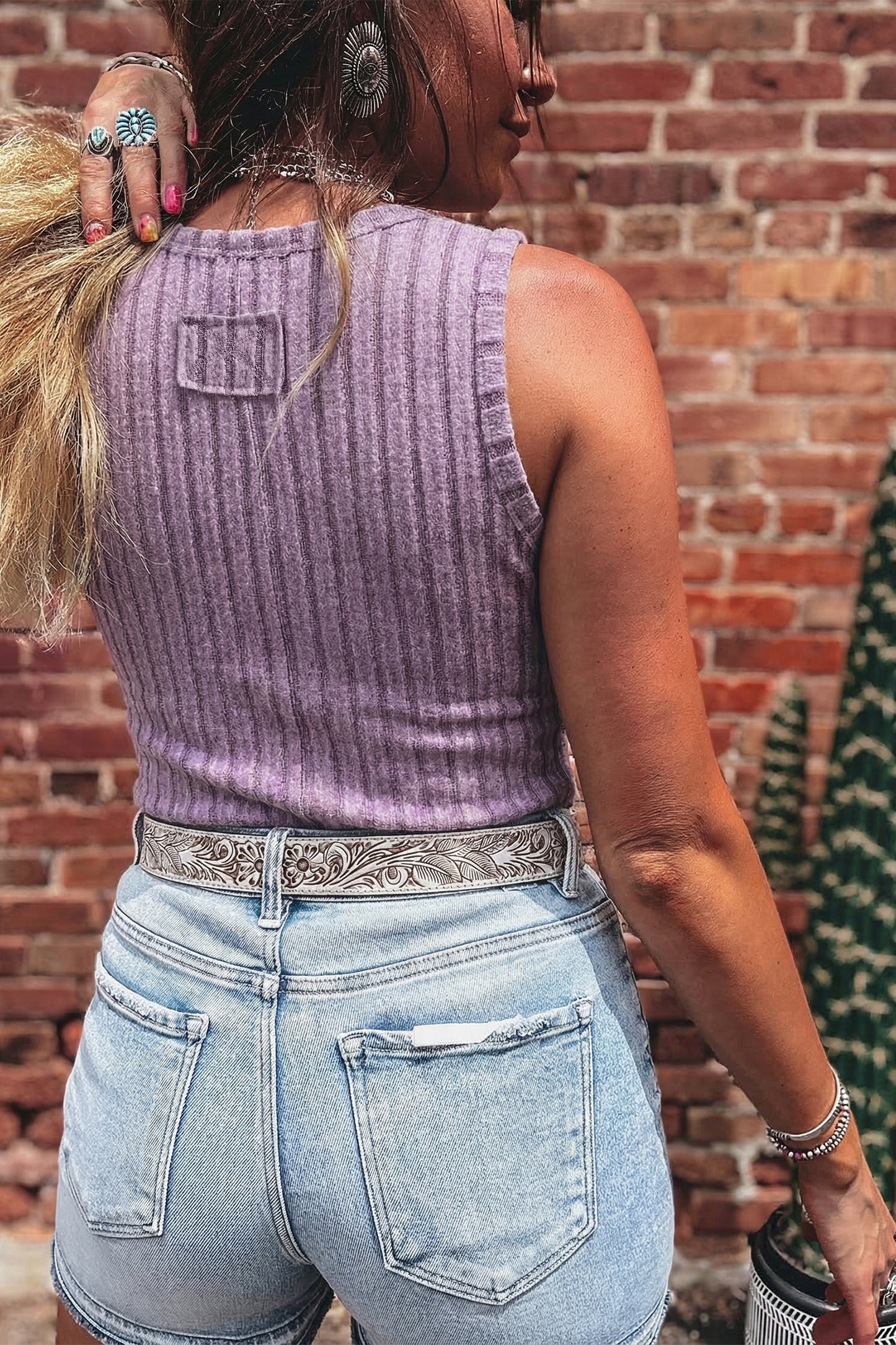 Beau Blue Slim Ribbed Mineral Wash Tank Top