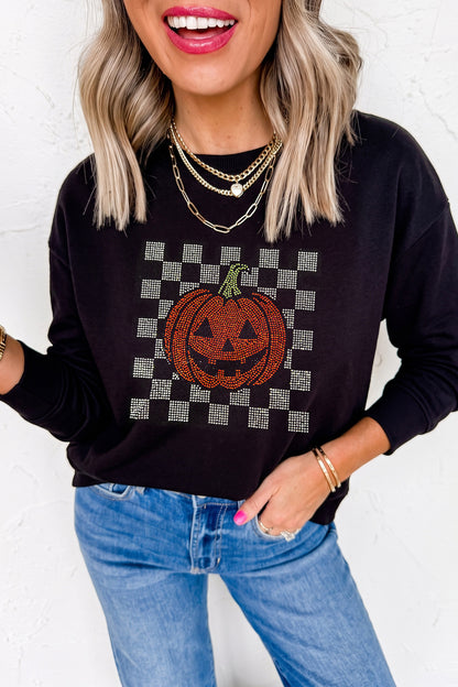 Black Rhinestone Pumpkin Graphic Long Sleeve T-Shirt