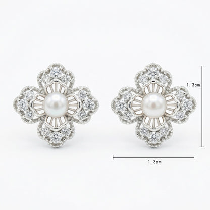 925 Sterling Silver Elegant Floral Pearl and Sparkling Accent Stud Earrings in White Metal