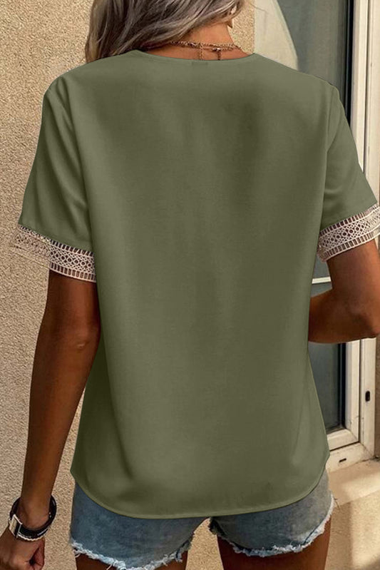 Lace Trim V Neck Short Sleeve Blouse
