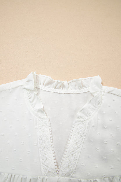White Plus Size Swiss Dot Ruffle Lace Trim V Neck Tank Top