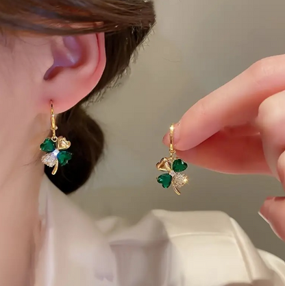 Lucky Green Clover Drop Earrings — 18K Gold Plated Sparkle