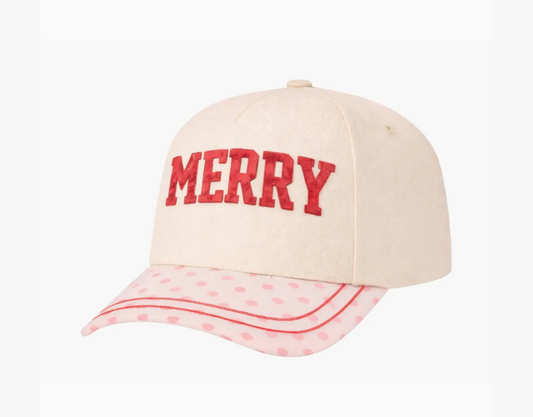 "Merry "On Tan Cap with Patch Work