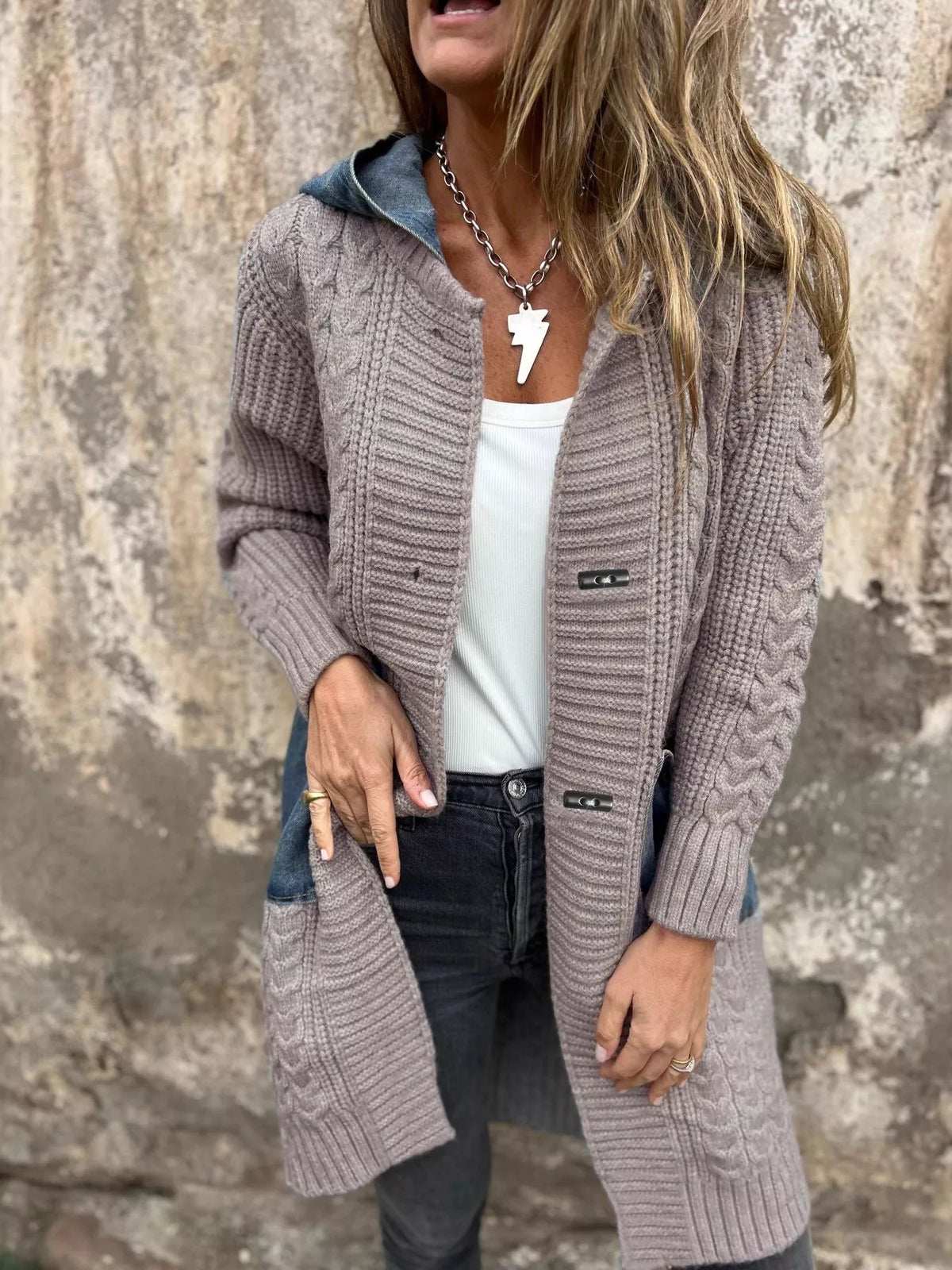 Full Size Hooded Cable Knit Longline Cardigan Plus Size