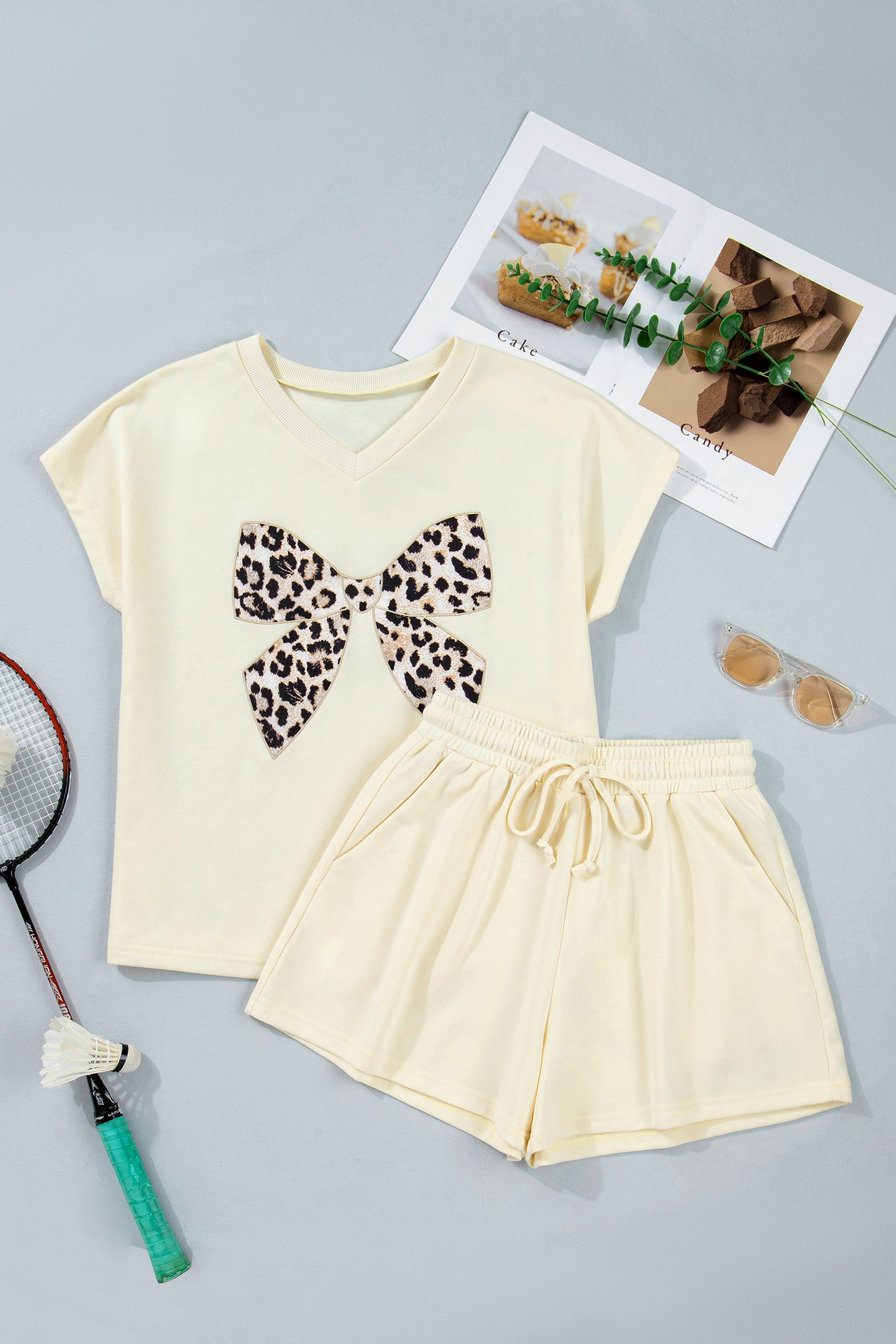 Leopard Bow Patched V Neck Loose Tee Drawstring Shorts 2pcs Outfit