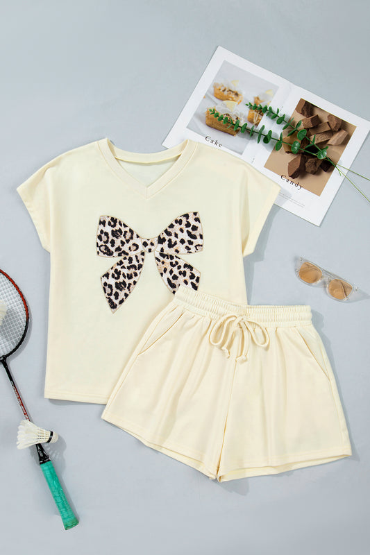 Leopard Bow Patched V Neck Loose Tee Drawstring Shorts 2pcs Outfit