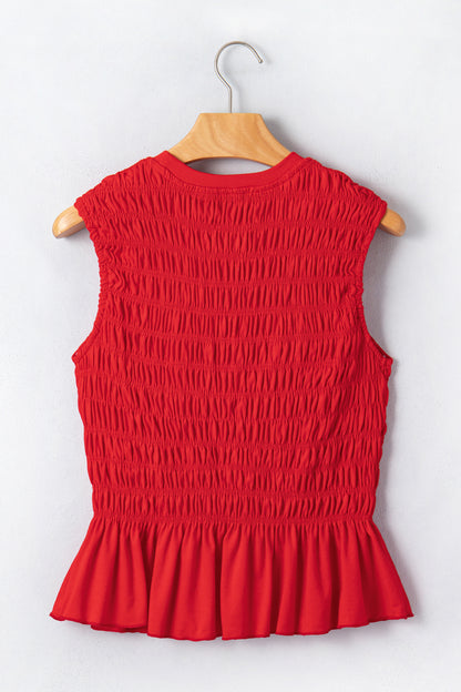 Fiery Red Shirred Slim Fit Ruffle Hem Tank Top