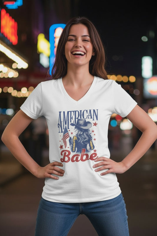 American Babe V-Neck Tee — Patriotic Cowgirl Women's T-Shirt (4th of July)