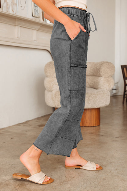 Wild Ginger  Mineral Wash Lace-up High Waist Raw Hem Patched Pocket Pants