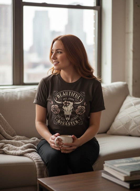 Graphic Tee - "Beautiful Disaster" Skull & Roses Vintage Western T-Shirt