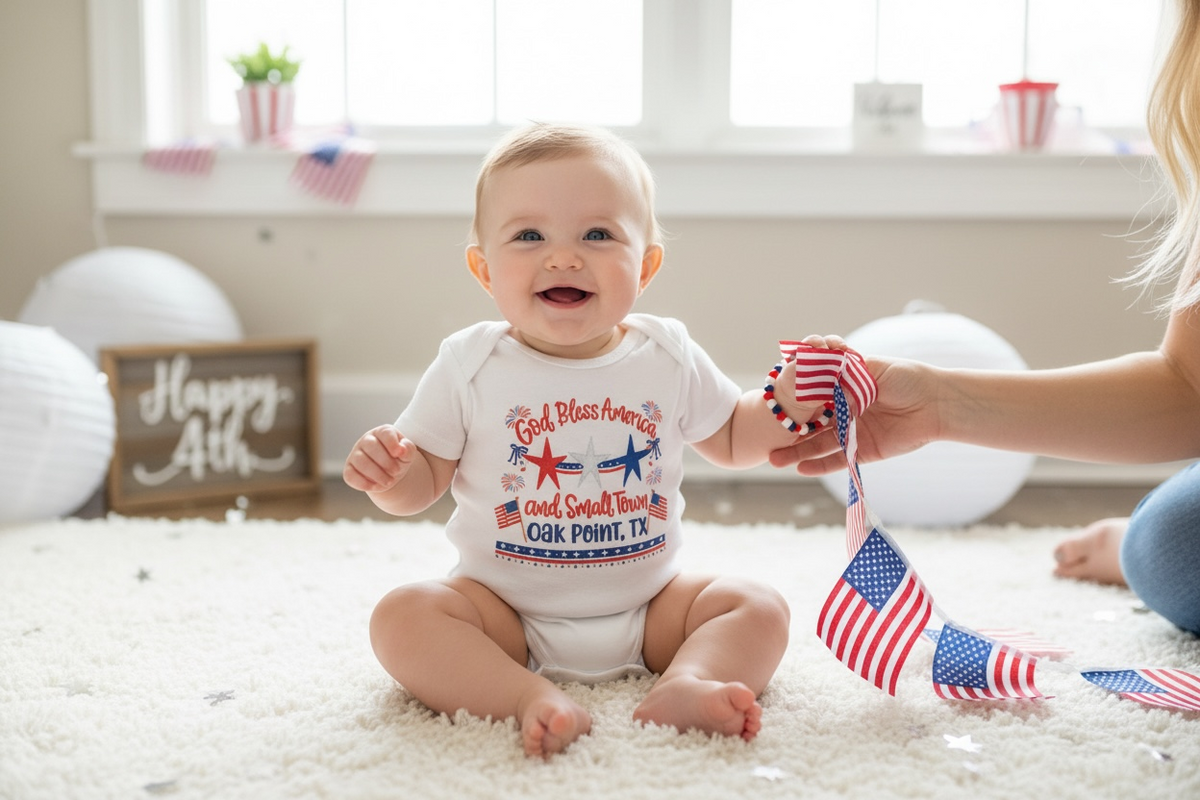Baby Onesie - God Bless America and Small Town Oak Point, TX - Local Residents Only