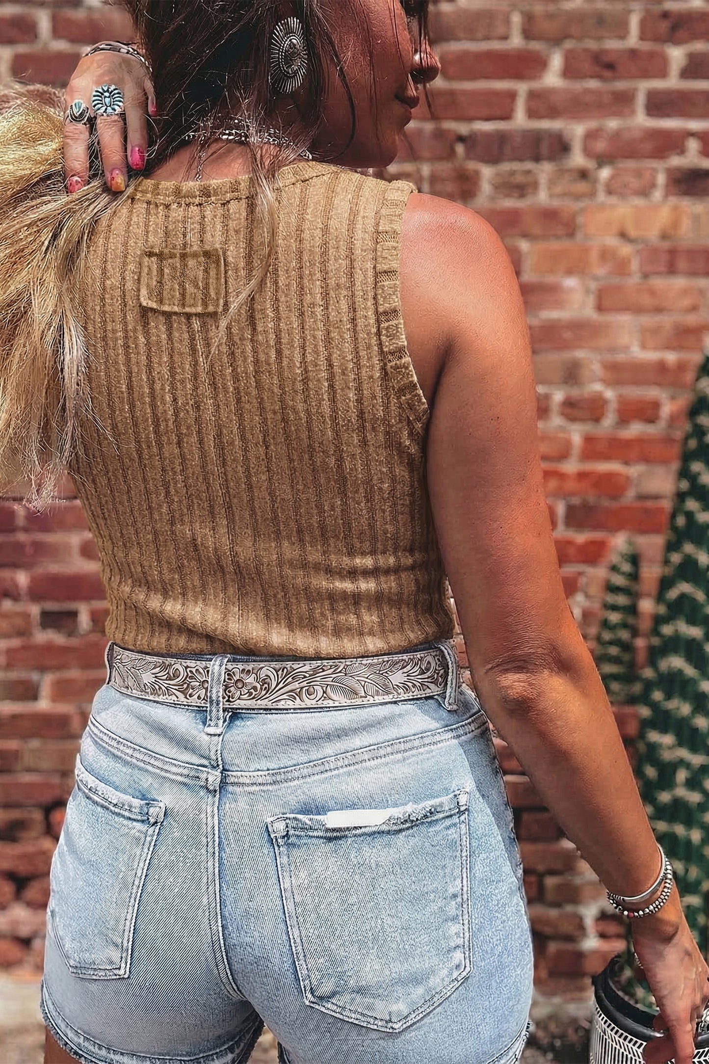 Beau Blue Slim Ribbed Mineral Wash Tank Top
