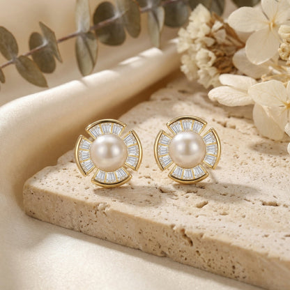 925 Sterling Silver Radiant Pearl and Baguette-Cut Fan-Shaped Stud Earrings