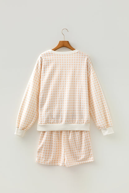 Sky Blue Plaid Baggy Pullover Drawstring Casual Shorts 2pcs Outfit