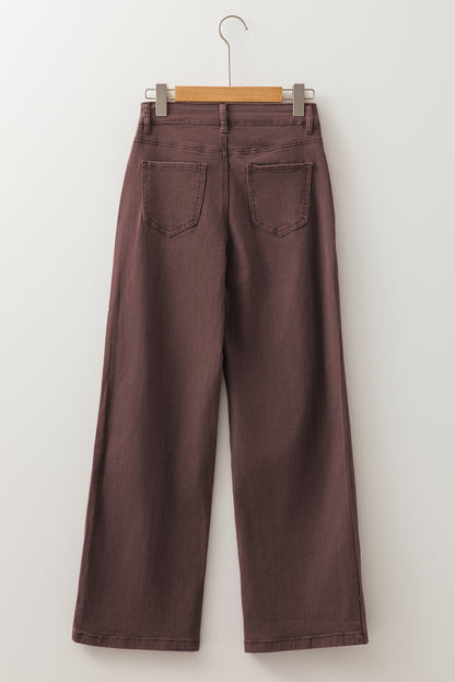 Coffee Loose Straight High Waist Solid Color Jeans