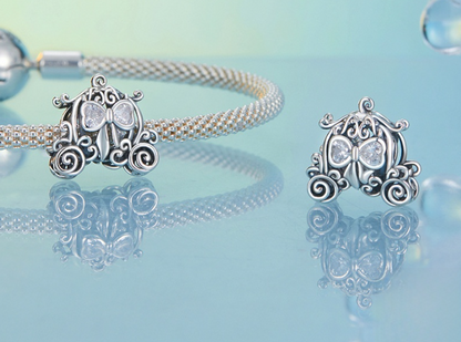 Hollow Pumpkin Coach Charm with Clear Heart Zirconia — 925 Sterling Silver