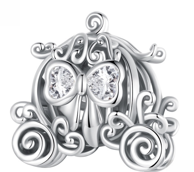 Hollow Pumpkin Coach Charm with Clear Heart Zirconia — 925 Sterling Silver