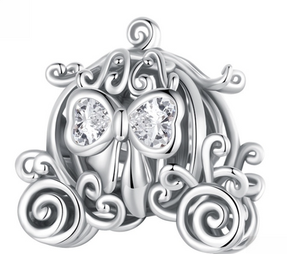 Hollow Pumpkin Coach Charm with Clear Heart Zirconia — 925 Sterling Silver