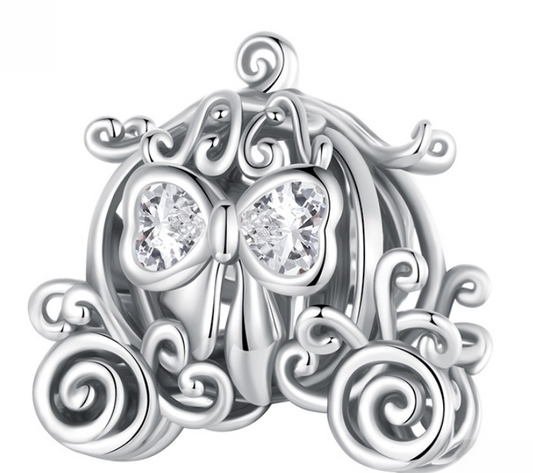 Hollow Pumpkin Coach Charm with Clear Heart Zirconia — 925 Sterling Silver