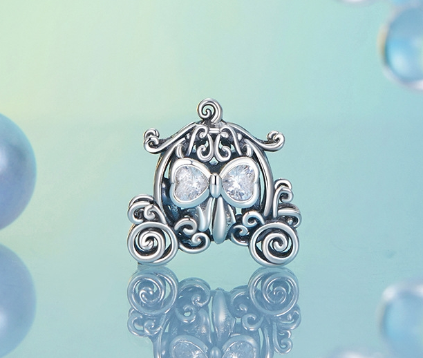 Hollow Pumpkin Coach Charm with Clear Heart Zirconia — 925 Sterling Silver