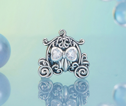 Hollow Pumpkin Coach Charm with Clear Heart Zirconia — 925 Sterling Silver