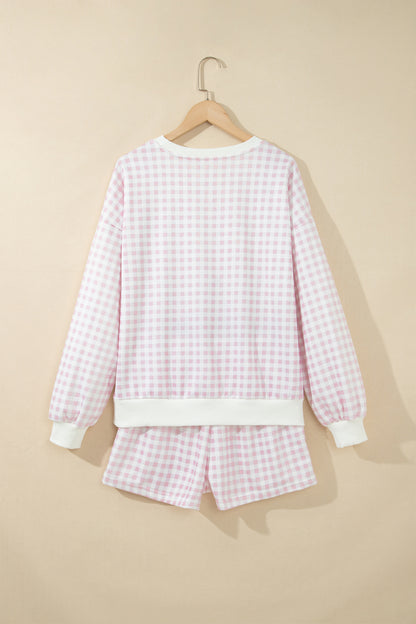 Sky Blue Plaid Baggy Pullover Drawstring Casual Shorts 2pcs Outfit