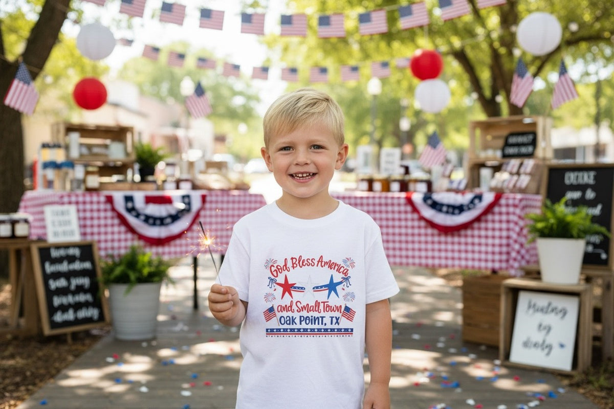 Kids Tee — "God Bless America and Small Town Oak Point, TX" - Local Residents Only