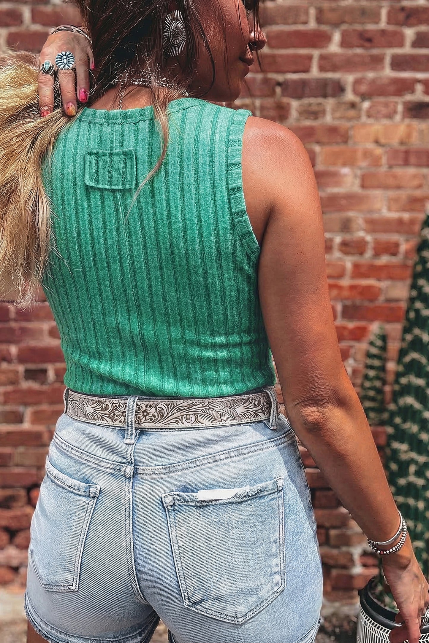 Beau Blue Slim Ribbed Mineral Wash Tank Top