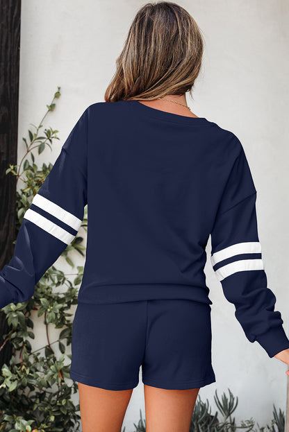Fiery Red Varsity Striped Sleeve Drop Shoulder Sweatshirt and Short Set