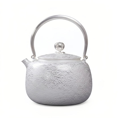 Pure 999 Fine Silver Handcrafted Fine Silver Teapot with Hammered Texture and Elegant Arched Handle - Handicraft