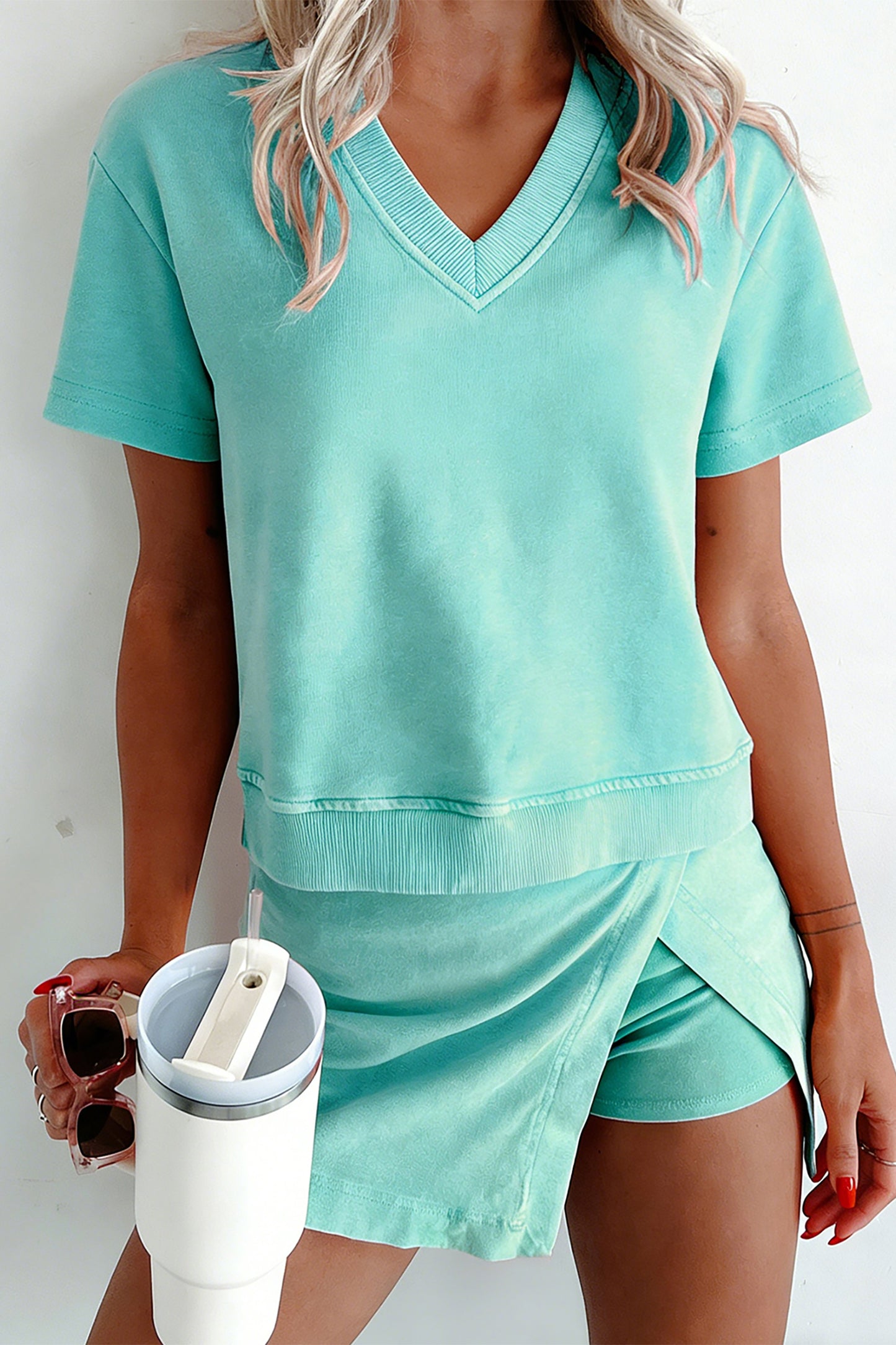 V Neck Tee Matching Skort Set