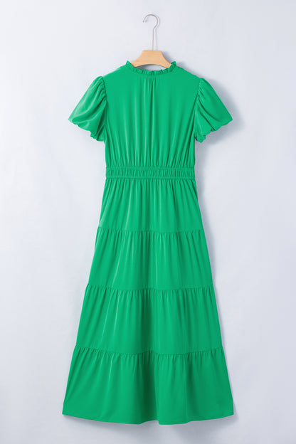 Solid Color V Neck Short Puff Sleeve High Waist Tiered Maxi Dress