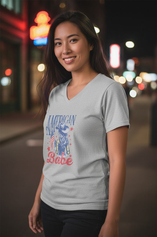 American Babe V-Neck Tee — Patriotic Cowgirl Women's T-Shirt (4th of July)