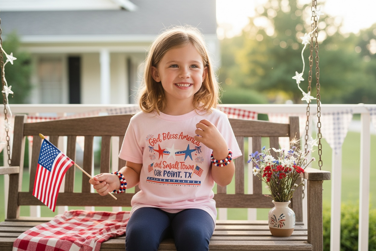 Kids Tee — "God Bless America and Small Town Oak Point, TX" - Local Residents Only